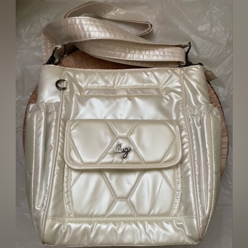 Lug Toss Metallic Diamond Quilted Crossbody Bag with Geometric Design